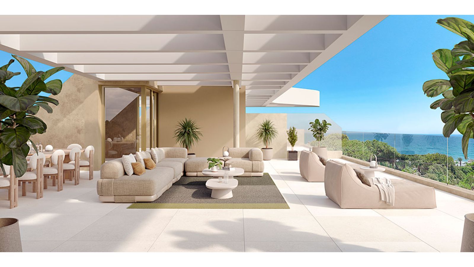 Appartements de luxe avec vue sur la côte au coucher du soleil.