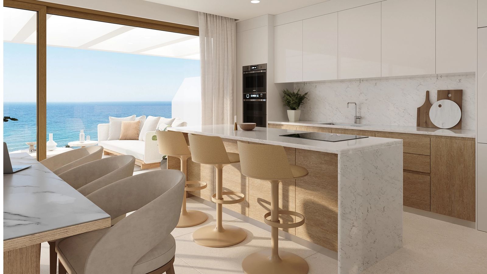 Balcon de luxe avec vue sur la mer et mobilier d'extérieur moderne.